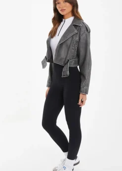Quiz Grey Faux Leather Oversized Biker Jacket
