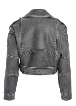 Quiz Grey Faux Leather Oversized Biker Jacket