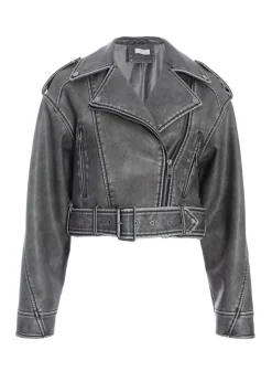 Quiz Grey Faux Leather Oversized Biker Jacket