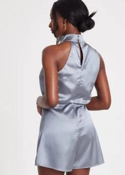 Quiz Grey Satin Asymmetric Playsuit