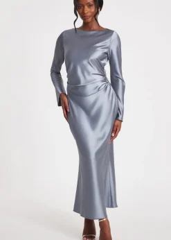 Quiz Grey Satin Ruched Side Midaxi Dress