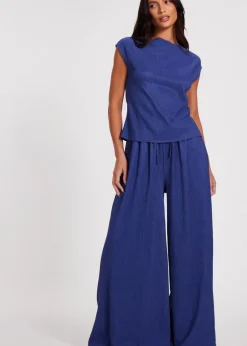 Quiz Indigo Crinkle Satin Cowl Back Top