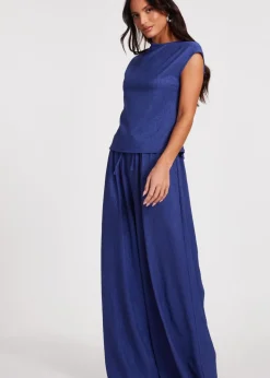 Quiz Indigo Crinkle Satin Cowl Back Top