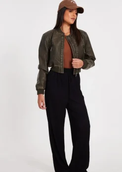Quiz Khaki Faux Leather Bomber Jacket