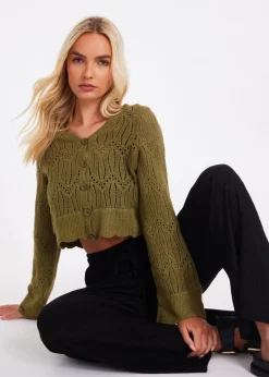 Quiz Khaki Knit Cropped Cardigan