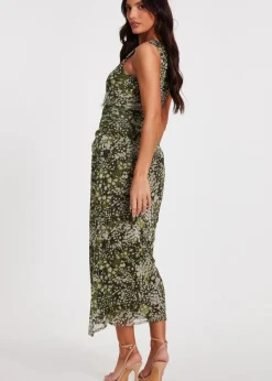 Quiz Khaki Mesh Animal Print Midaxi Dress