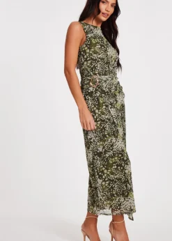 Quiz Khaki Mesh Animal Print Midaxi Dress