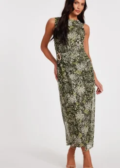 Quiz Khaki Mesh Animal Print Midaxi Dress