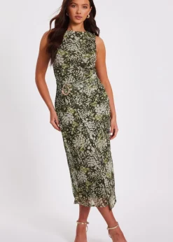 Quiz Khaki Petite Mesh Animal Print Midaxi Dress