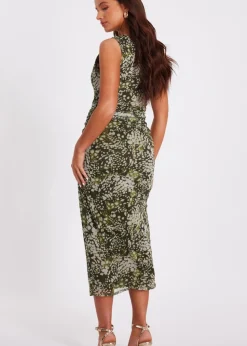 Quiz Khaki Petite Mesh Animal Print Midaxi Dress