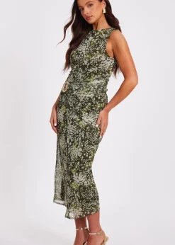 Quiz Khaki Petite Mesh Animal Print Midaxi Dress