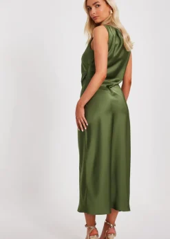 Quiz Khaki Satin Ruched Midi Dress