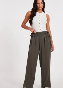 Quiz Khaki Tie Waist Palazzo Trousers