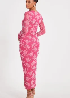 Quiz Magenta Mesh Floral Midaxi Dress