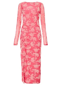 Quiz Magenta Mesh Floral Midaxi Dress