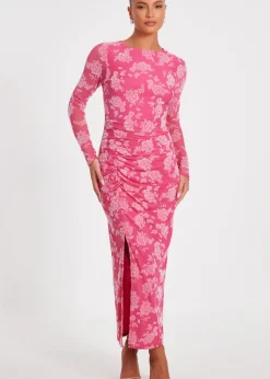 Quiz Magenta Mesh Floral Midaxi Dress