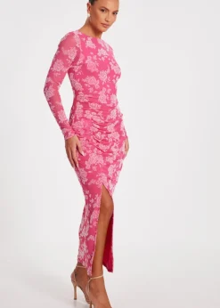 Quiz Magenta Mesh Floral Midaxi Dress