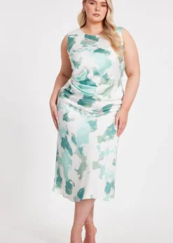 Quiz Multi Curve Satin Marble Print Midaxi Dress