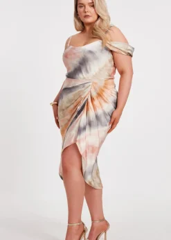 Quiz Multi Curve Satin Marble Print Midi Dress