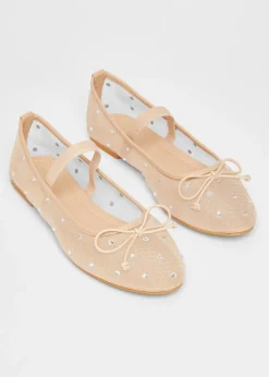 Quiz Natural Mesh Diamante Bow Pumps