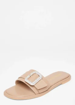 Quiz Natural Wide Fit Diamante Buckle Flat Sandals