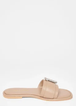 Quiz Natural Wide Fit Diamante Buckle Flat Sandals