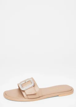 Quiz Natural Wide Fit Diamante Buckle Flat Sandals