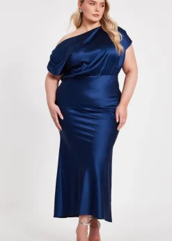 Quiz Navy Curve Satin Midaxi Dress