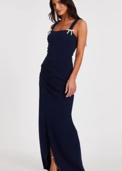 Quiz Navy Diamante Bow Maxi Dress