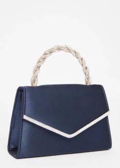 Quiz Navy Diamante Twisted Top Handle Bag