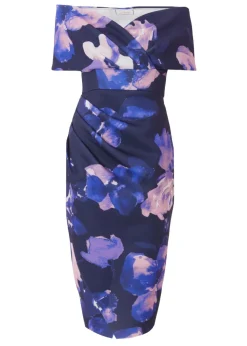 Quiz Navy Floral Bardot Midi Dress