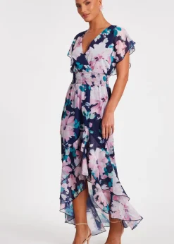 Quiz Navy Floral Tiered Midi Dress