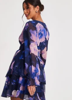 Quiz Navy Floral Tiered Skater Dress
