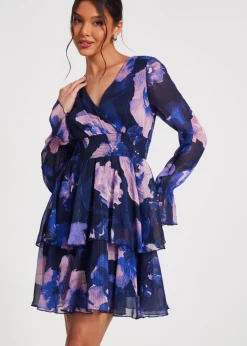 Quiz Navy Floral Tiered Skater Dress