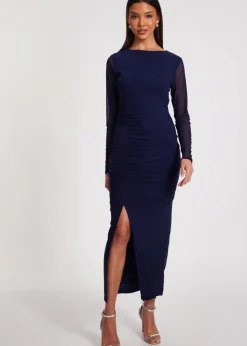 Quiz Navy Mesh Ruched Midaxi Dress
