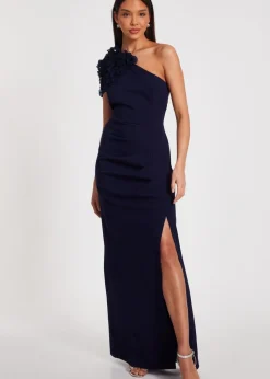 Quiz Navy One Shoulder Ruffle Maxi Dress
