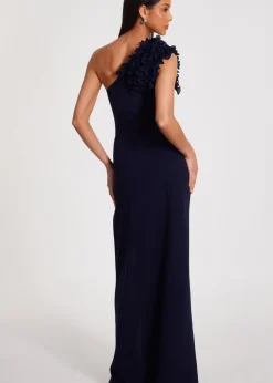 Quiz Navy One Shoulder Ruffle Maxi Dress
