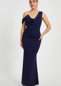 Quiz Navy Petite Asymmetric Maxi Dress