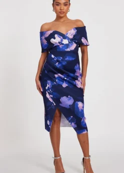 Quiz Navy Petite Floral Bardot Midi Dress