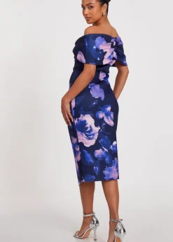 Quiz Navy Petite Floral Bardot Midi Dress