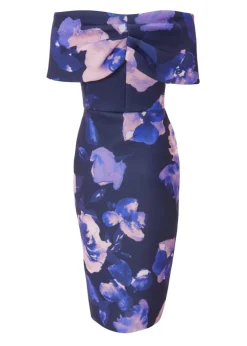 Quiz Navy Petite Floral Bardot Midi Dress