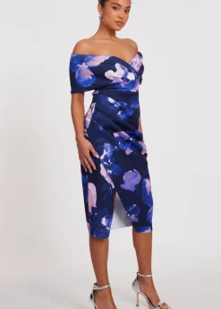 Quiz Navy Petite Floral Bardot Midi Dress