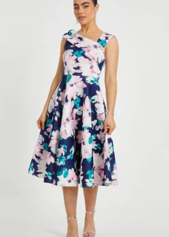 Quiz Navy Petite Floral Print Skater Dress