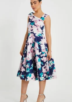 Quiz Navy Petite Floral Print Skater Dress