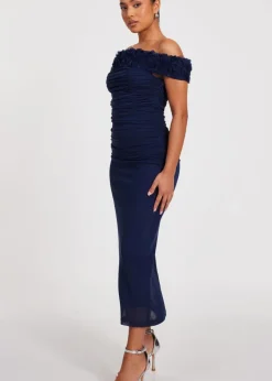 Quiz Navy Petite Mesh Bardot Midaxi Dress