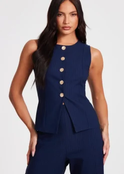 Quiz Navy Pinstripe Button Front Waistcoat