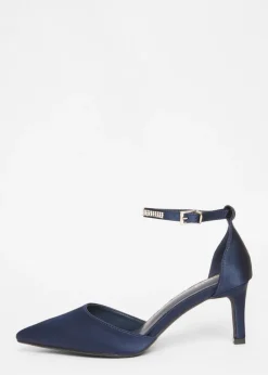 Quiz Navy Satin Diamante Strap Court Heels