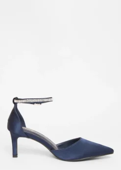 Quiz Navy Satin Diamante Strap Court Heels