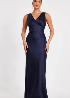 Quiz Navy Satin Front Wrap Maxi Dress