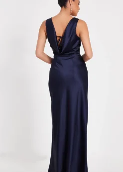 Quiz Navy Satin Front Wrap Maxi Dress